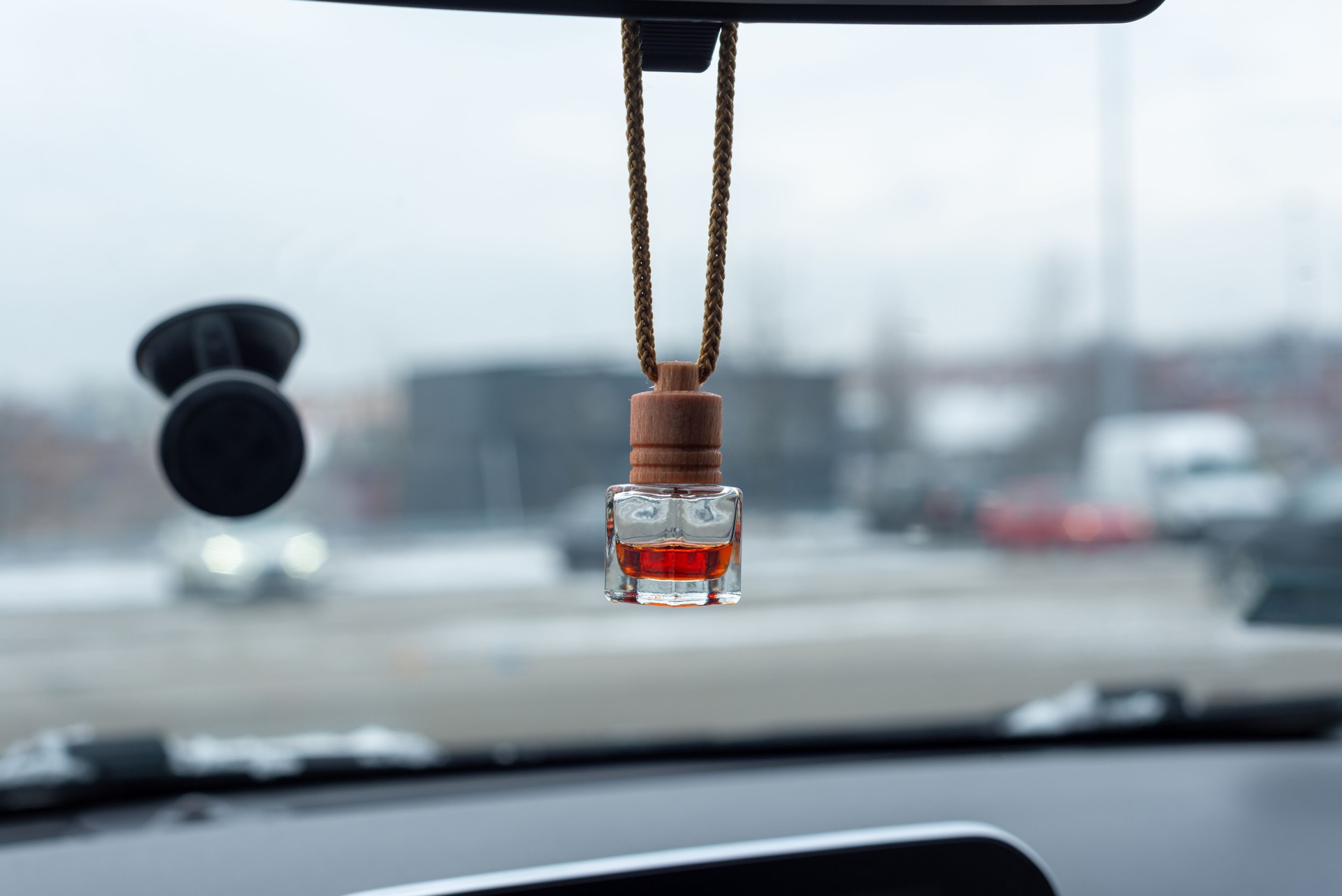 Car fragrance hanging on the mirror.